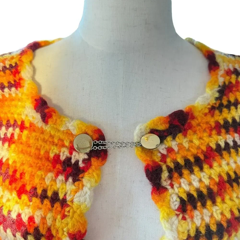 Vintage 70s Crochet Cardigan Sweater Handmade Retro Boho Grannycore Fall Knit - Picture 4 of 8
